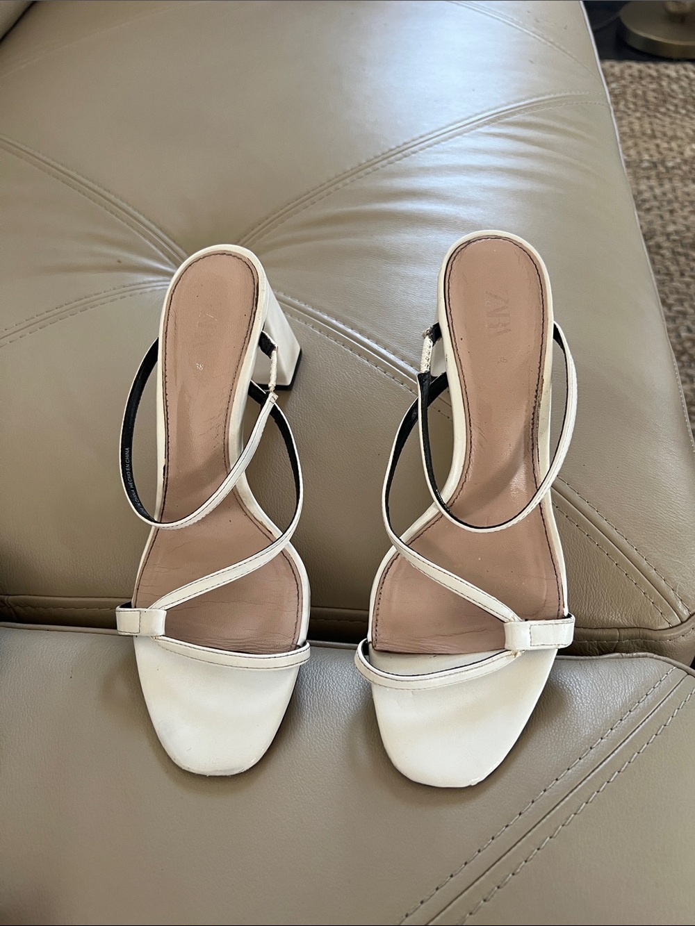 Zara White Strappy Block Heel Sandals